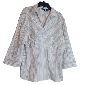 DCC Woman Striped Top Size XL Zip Front Collared Blue White 3/4 Sleeve Stretch